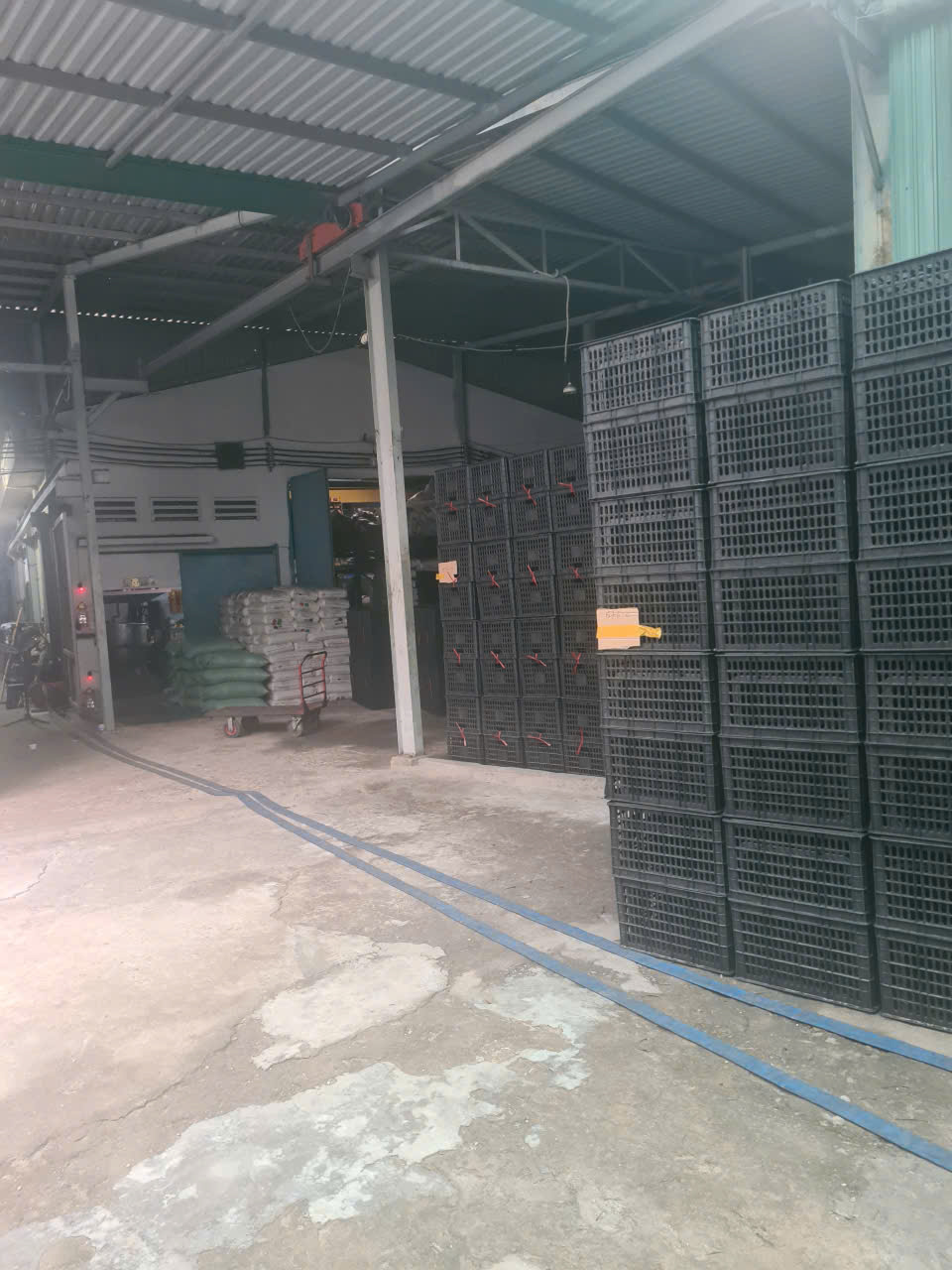 Khu vực kho thành phẩm — sóng nhựa công nghiệp xếp chồng cao chờ xuất hàng