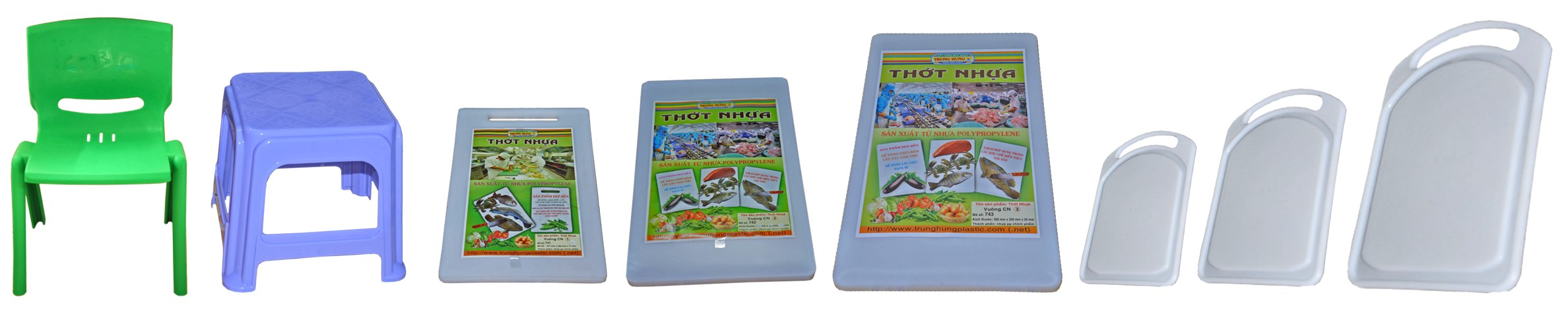 Một số sản phẩm gia dụng do Trung Hưng sản xuất — ghế nhựa và thớt nhựa với nhiều kích cỡ